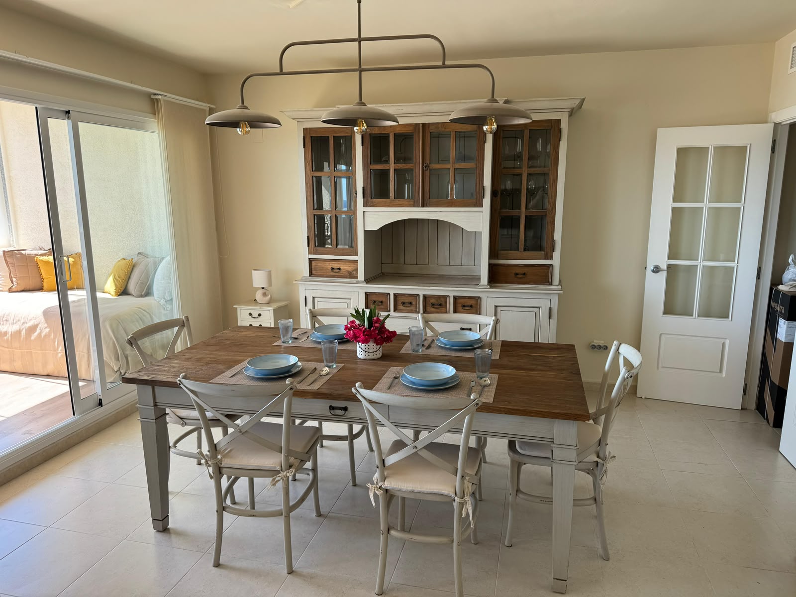 Dining table and vintage-style hutch