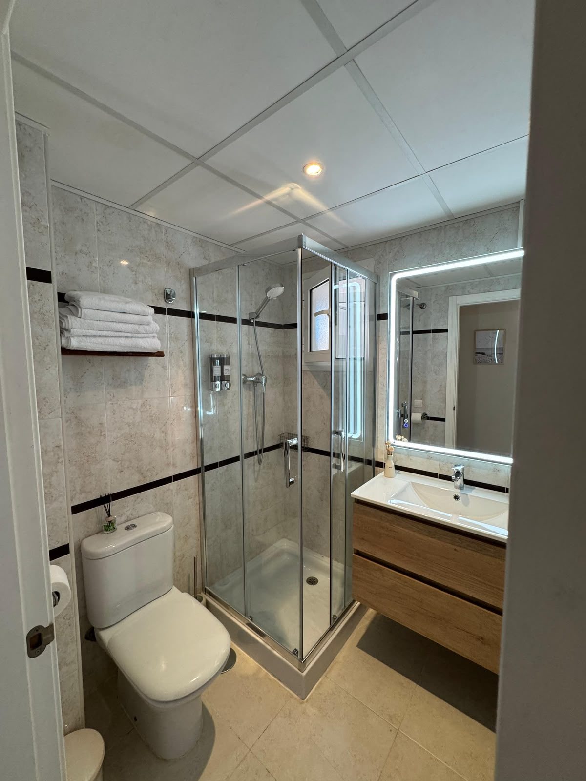 Twin room's bathroom with walk-in shower, toilet and sink